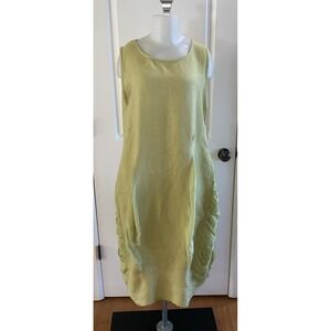 MADE IN ITALY Linen Midi Dress‎ Silk Ruffle Lagenlook Yellow Chartreuse - Large